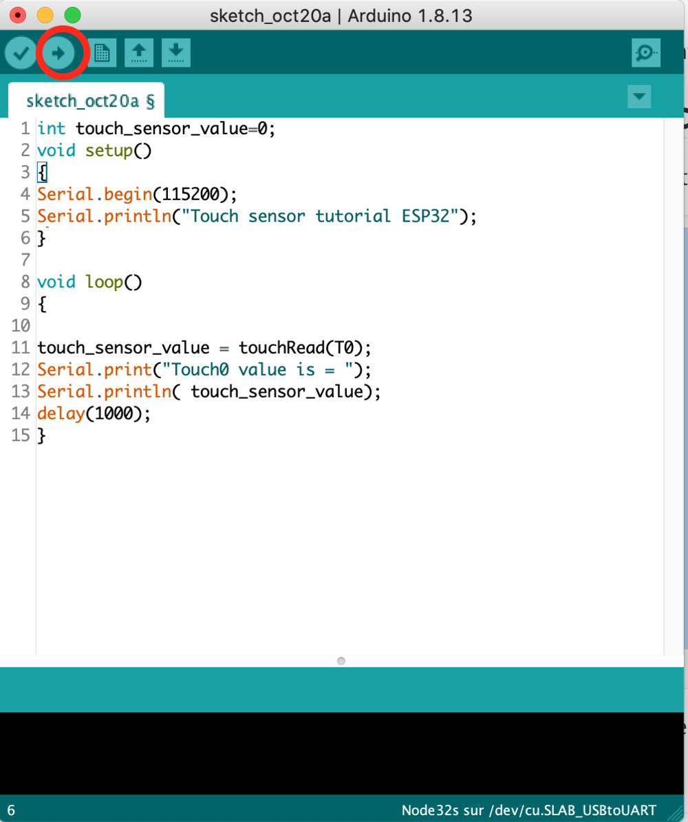 Capture d’écran de l'IDE d'arduino avec la marque flèche entouré de rouge